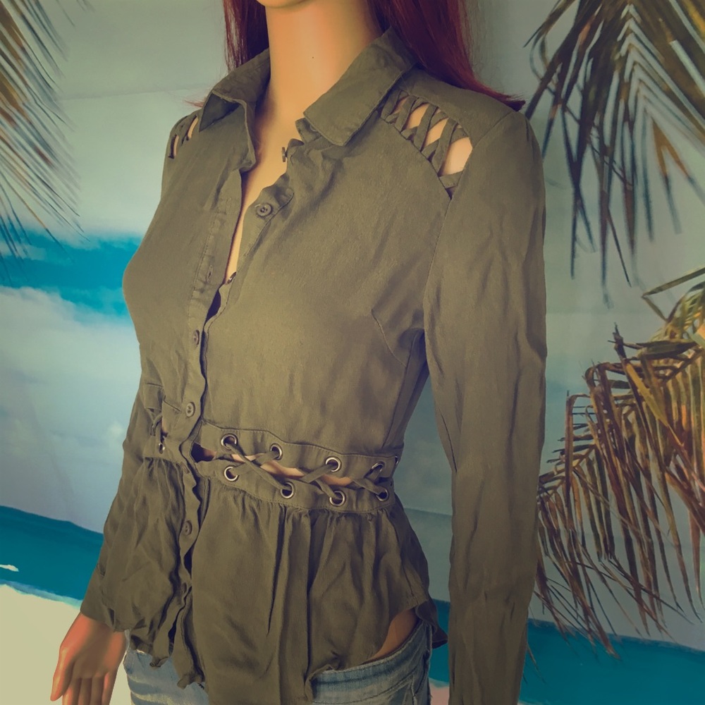 Army green cut-out blouse size small